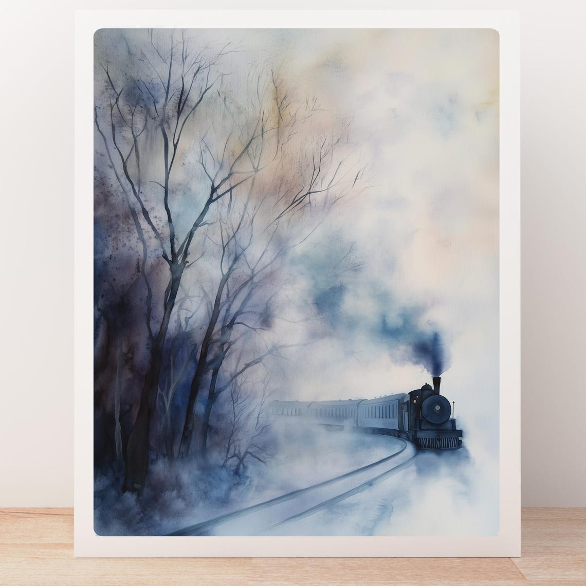 Ghostly Steam Train in Winter Mist Watercolor Railroad Scene Poster - Image 5