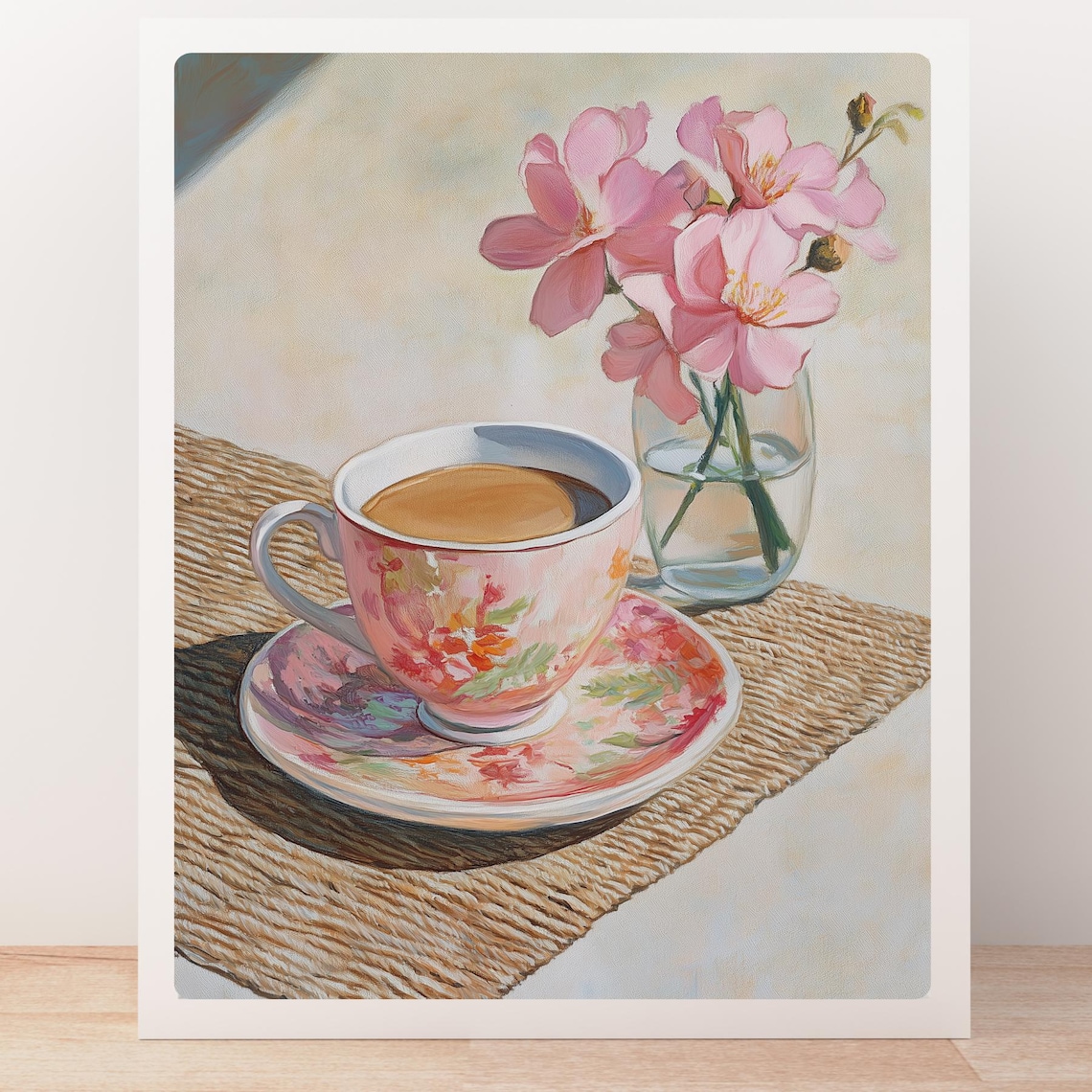 Pink Floral Teacup Blossoms Sunlit Woven Mat Painting Poster - Image 5