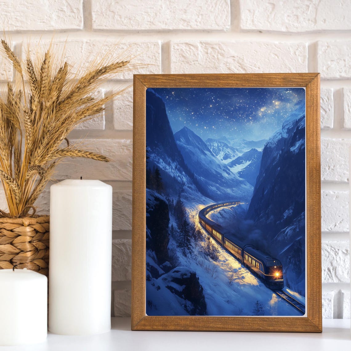 Winter Train Art Mountain Railway Painting Snowy Landscape Print Night Train Scene Wilderness Decor Nighttime Stars - Image 2
