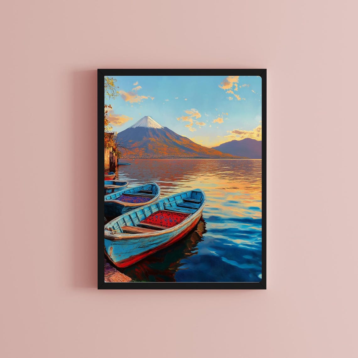 Lake Atitlan Wooden Canoes at Sunset Beneath the Volcano Poster - Image 2