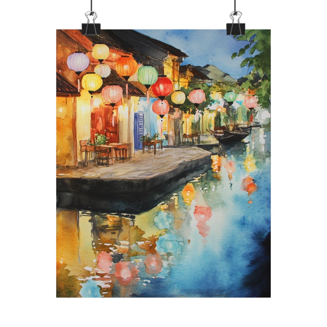 Hoi An Riverside Lantern Night Market Scene Watercolor Poster