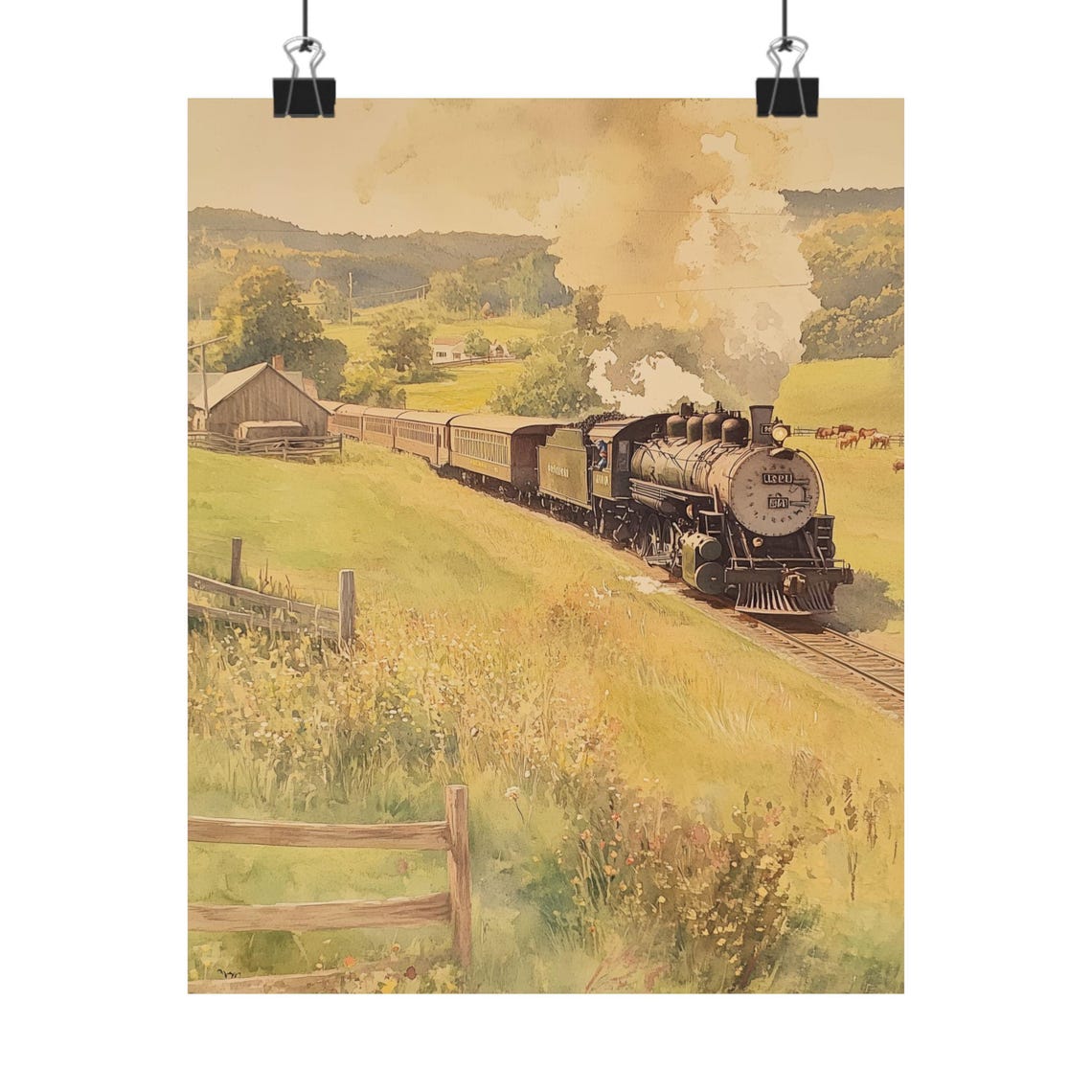 Vintage Steam Locomotive 1841 in Summer Meadow Countryside Poster