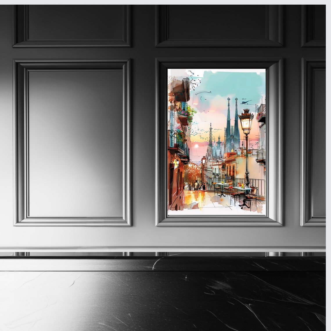 Barcelona Twilight Sagrada Familia Watercolor Street Scene Poster - Image 6