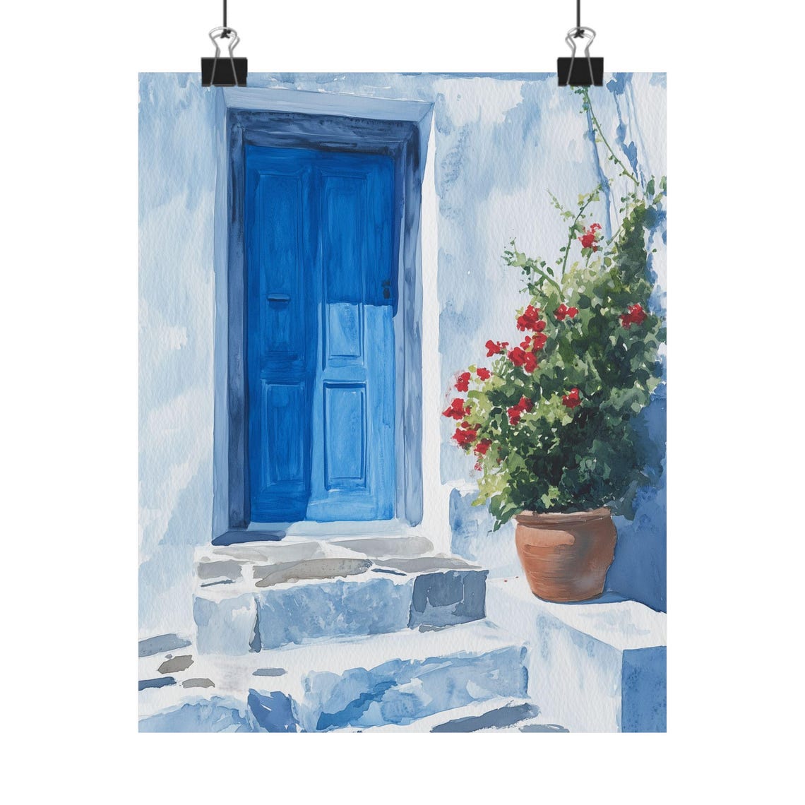 Greek Blue Door Red Flowers Santorini Style Watercolor Poster