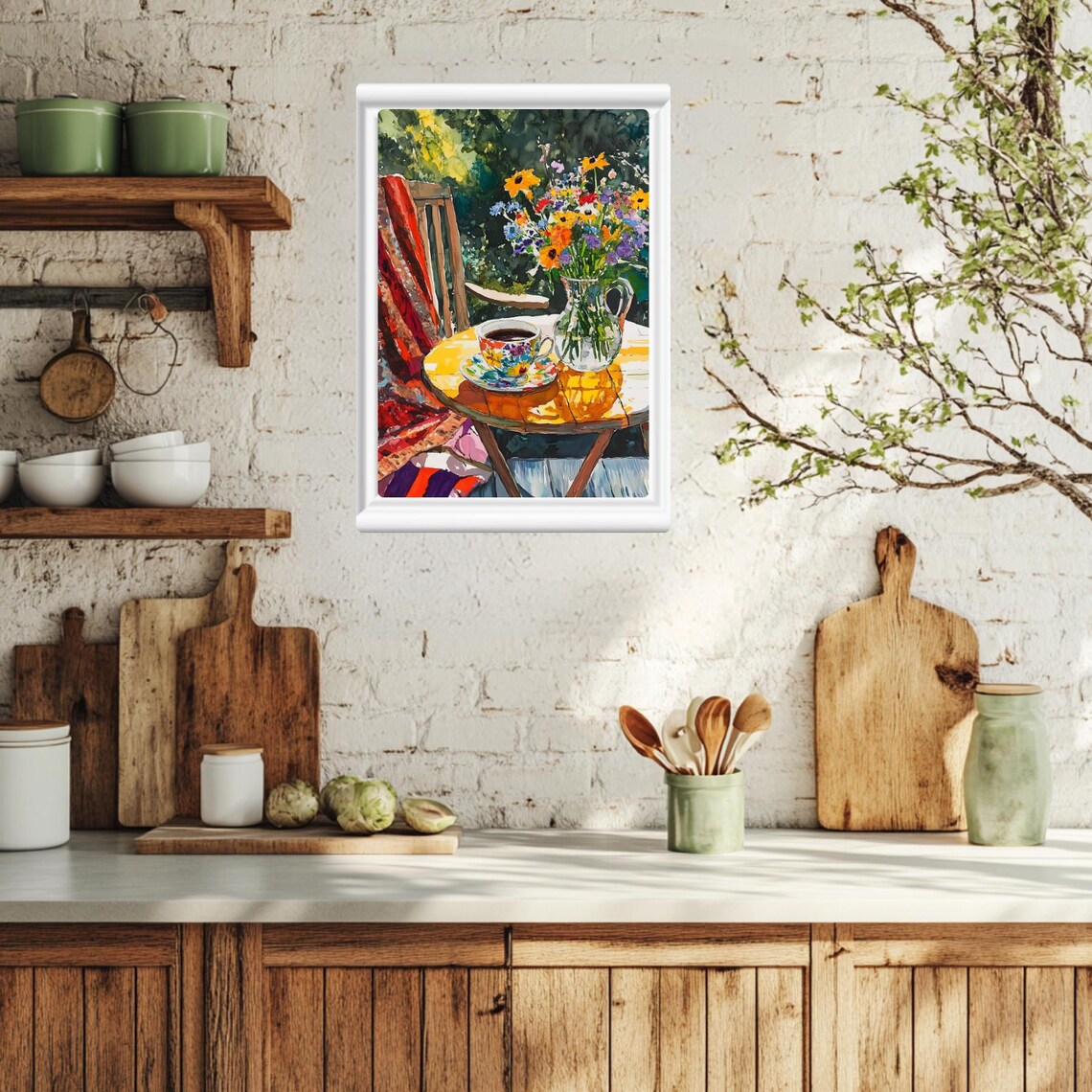 Garden Coffee Cup And Wildflower Bouquet Watercolor Art Poster - Image 2