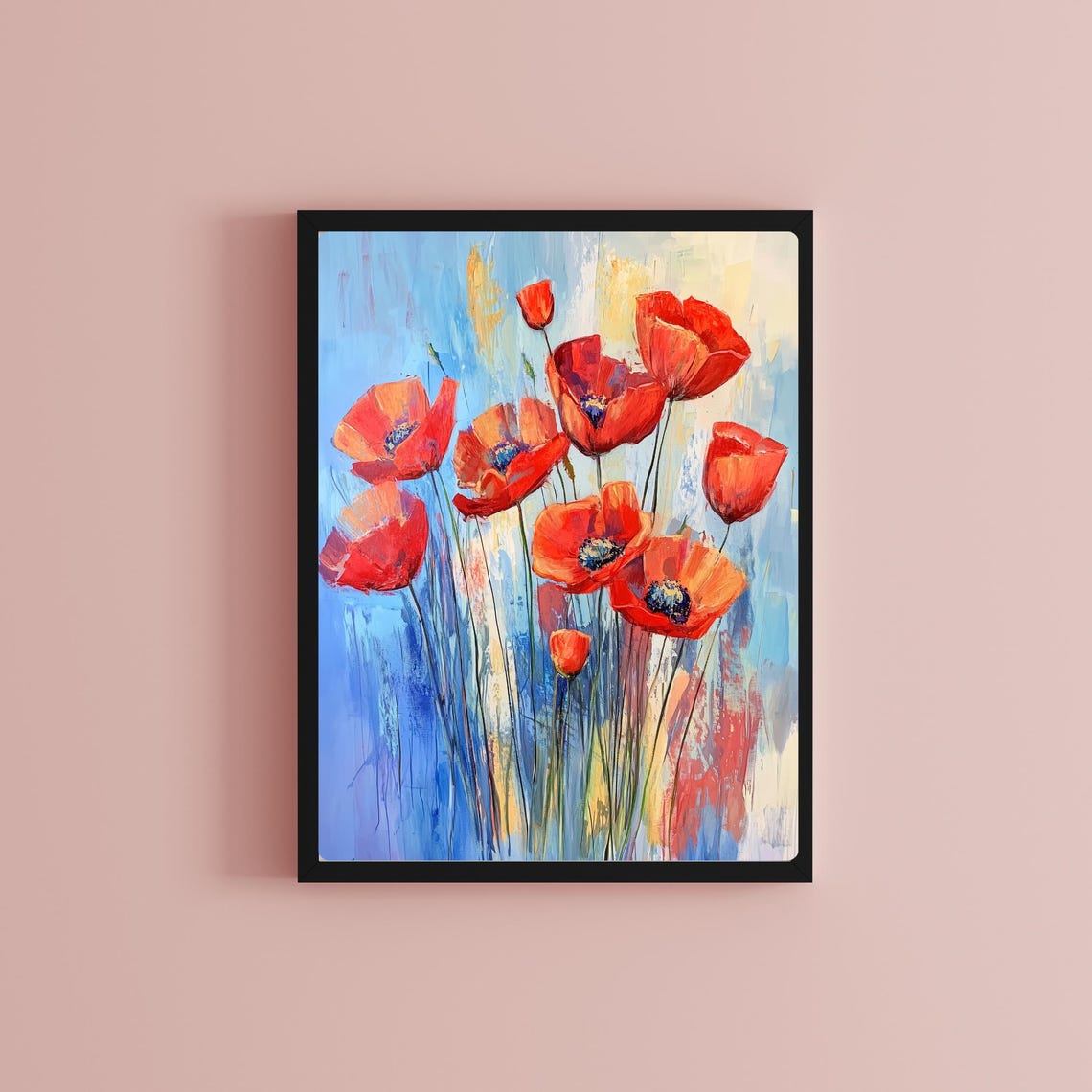 Red Poppies Against Blue Abstract Oil Painting Floral Poster - Image 4
