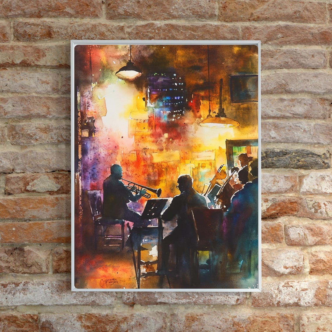New Orleans Jazz Club Musicians in a Watercolor Night Scene Poster - Image 6