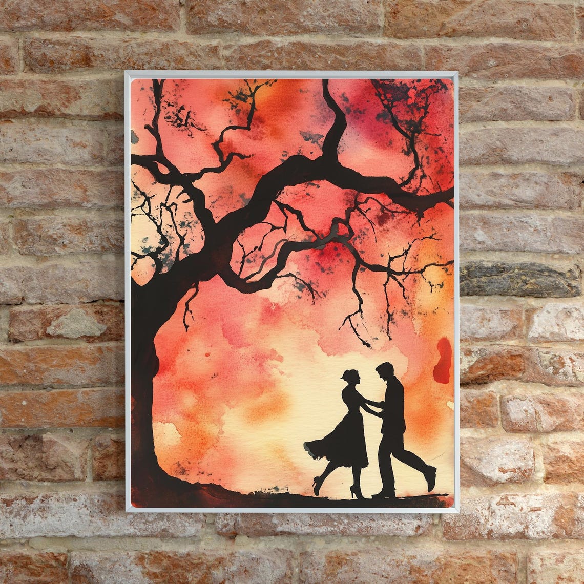Dancing Couple Silhouette Under Red Sky Bare Tree Watercolor Poster - Image 3