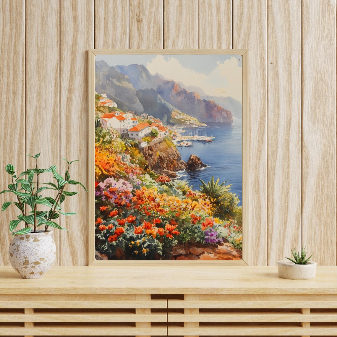 Madeira Cliffside Coastal Town Watercolor Portugal Travel Poster - Image 4