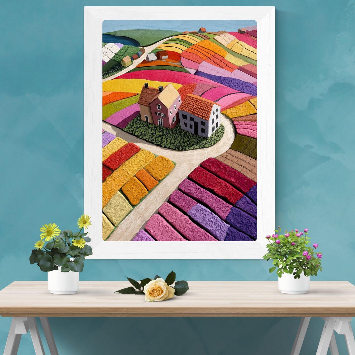 Whimsical Striped Tulip Fields with Farmhouses from Above Poster - Image 2