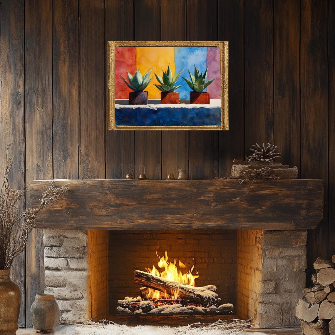 Three Potted Agaves Bold Color Block Watercolor Botanical Wall Poster - Image 4