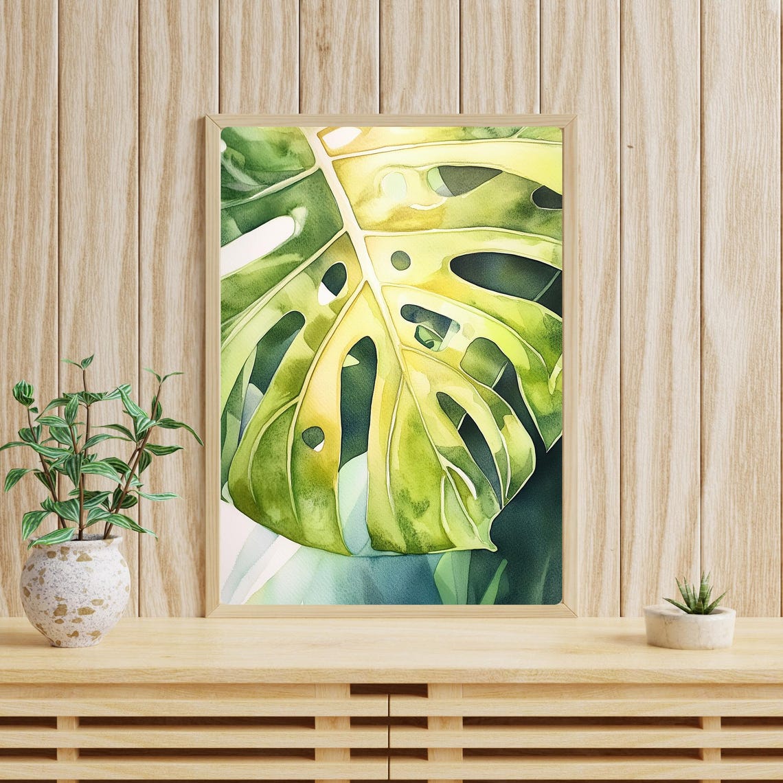 Close-Up Monstera Leaf in Green and Yellow Watercolor Poster - Image 4