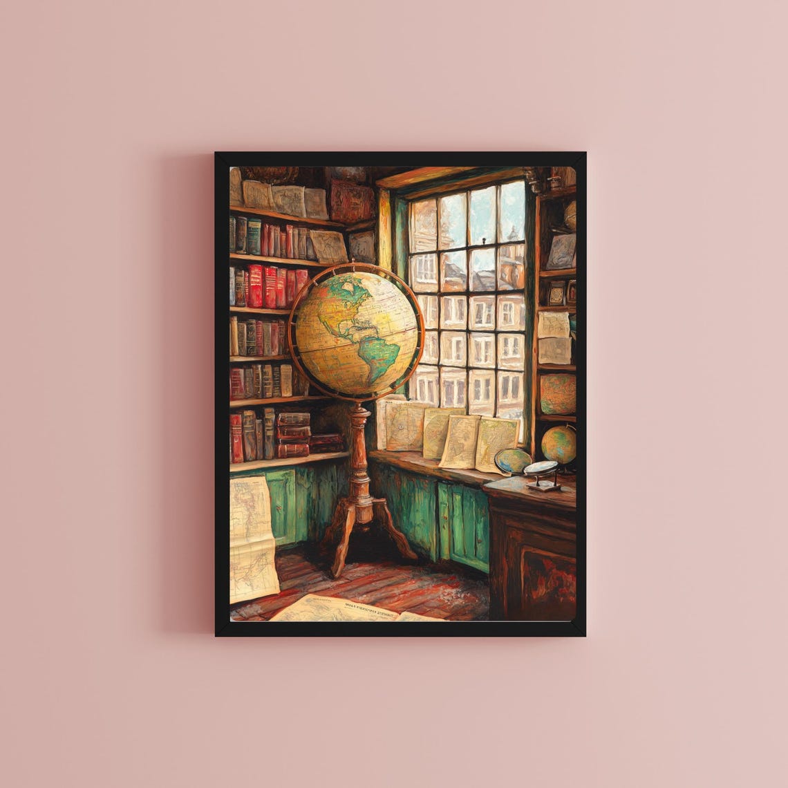 Antique Map Shop Study with Vintage Globe and Bookshelves Print - Image 2