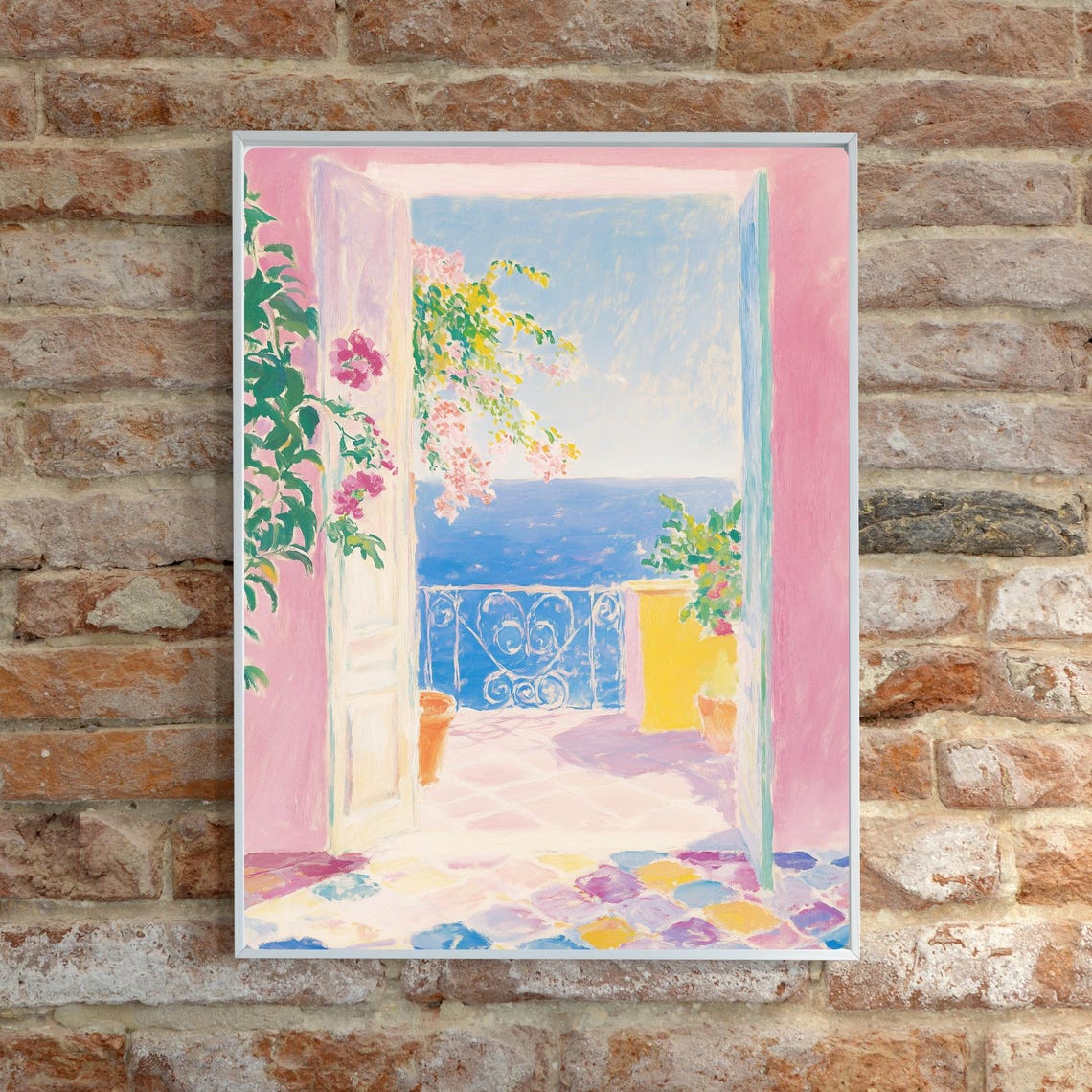 Pink Mediterranean Balcony Overlooking Sea Bougainvillea Poster - Image 6