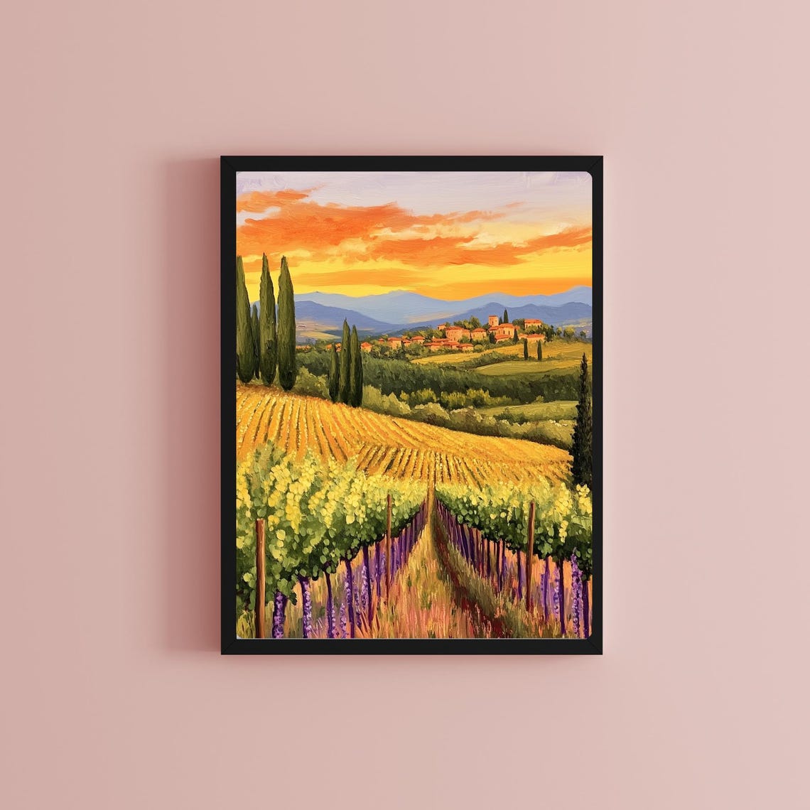 Tuscan Vineyard Rows at Sunset with a Hilltop Village Poster - Image 2