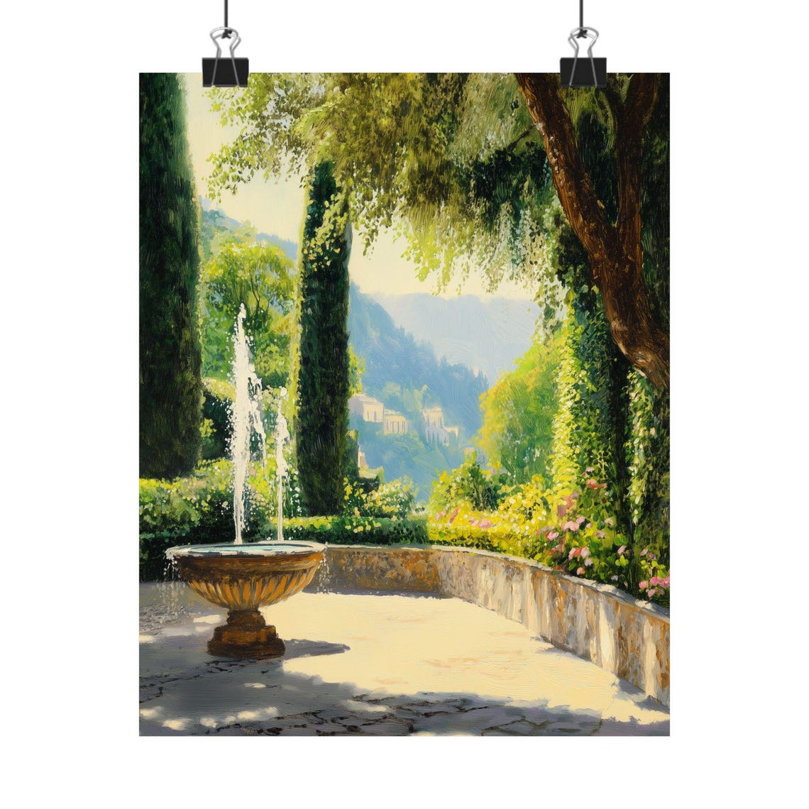 Sunlit Italian Garden Fountain Terrace Cypress Trees Oil Poster