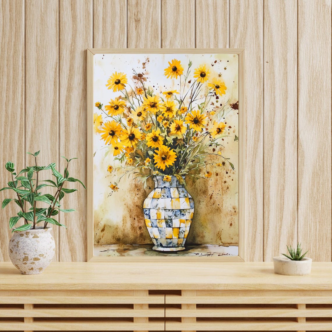 Yellow Daisy Bouquet in Checkered Blue Yellow Vase Watercolor Poster - Image 3