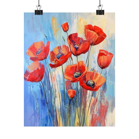 Red Poppy Art Floral Painting Print Abstract Flower Decor Bold Color Wall Art Modern Poppy Scene Cottage Core Decor