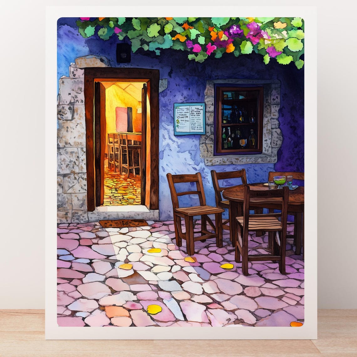 Cobblestone Bistro Patio Nighttime Cafe Terrace Scene Painting Poster - Image 5
