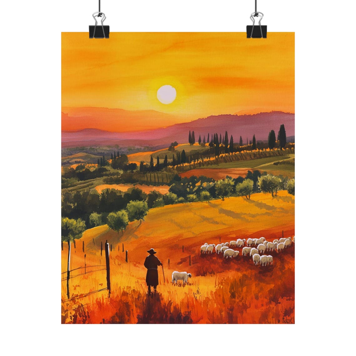 Tuscan Shepherd Leading His Sheep Across Golden Sunset Hills Poster
