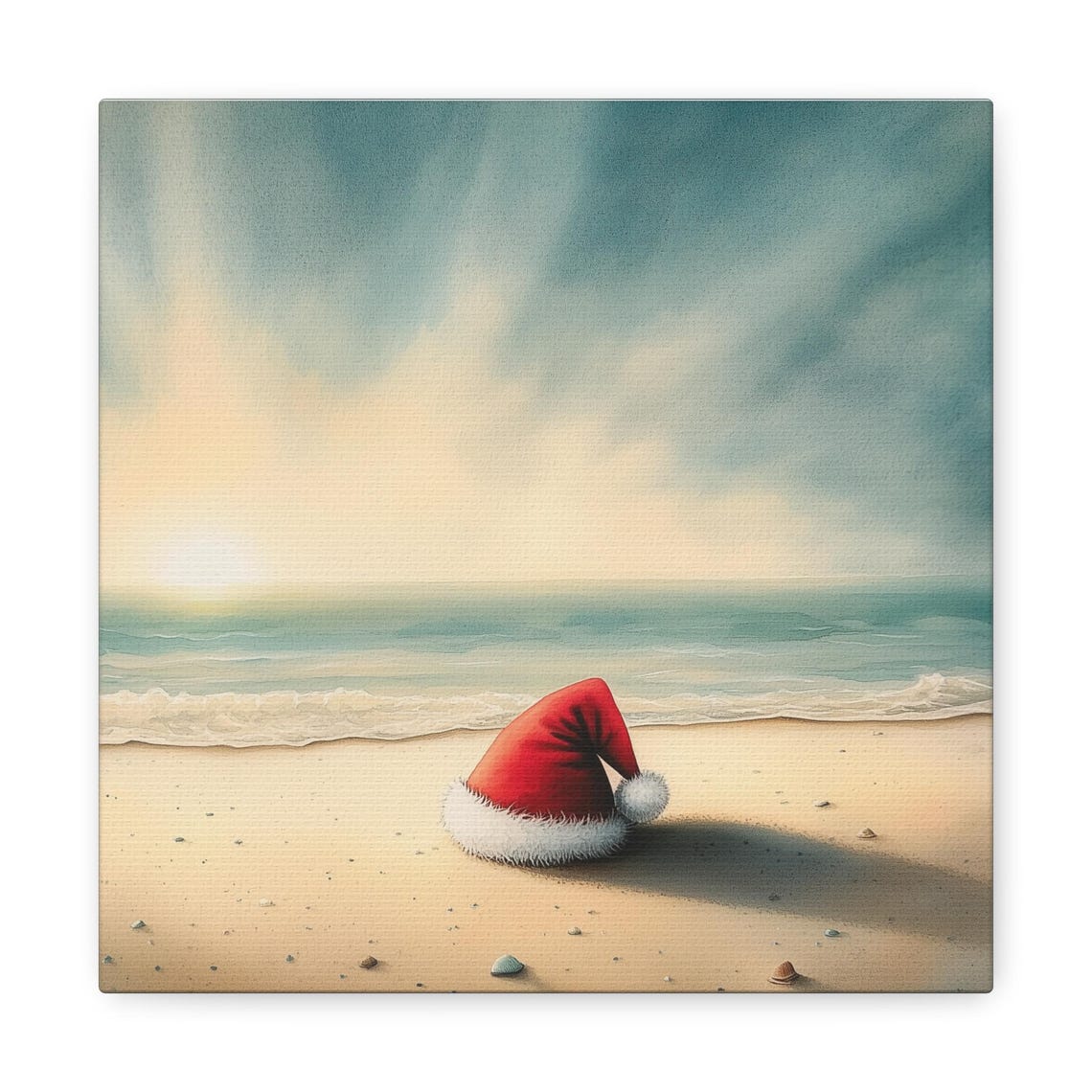 Santa Hat on Tropical Beach Christmas in July Coastal Wall Art