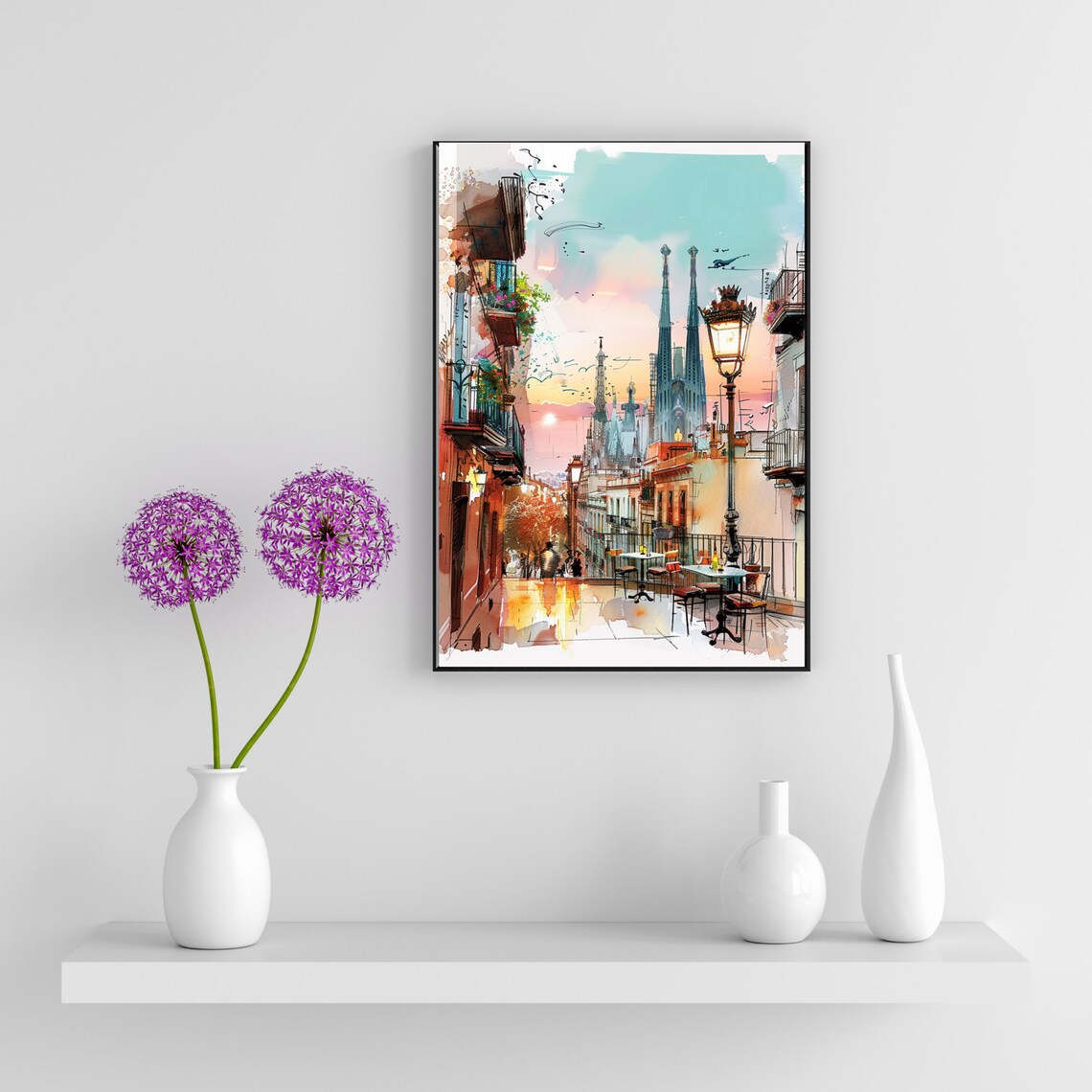 Barcelona Twilight Sagrada Familia Watercolor Street Scene Poster