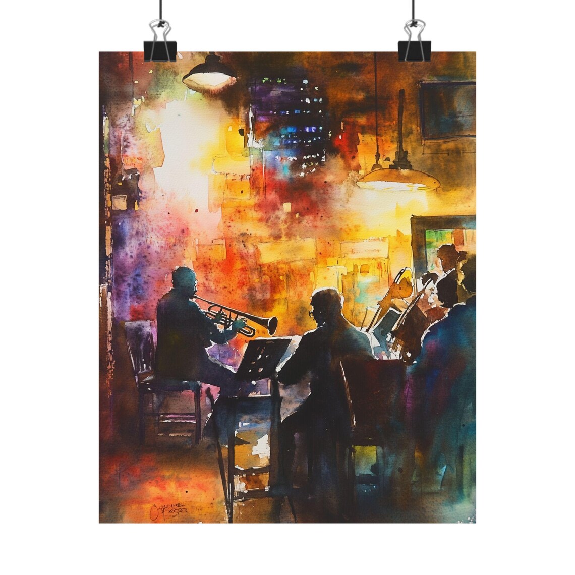 New Orleans Jazz Club Musicians in a Watercolor Night Scene Poster