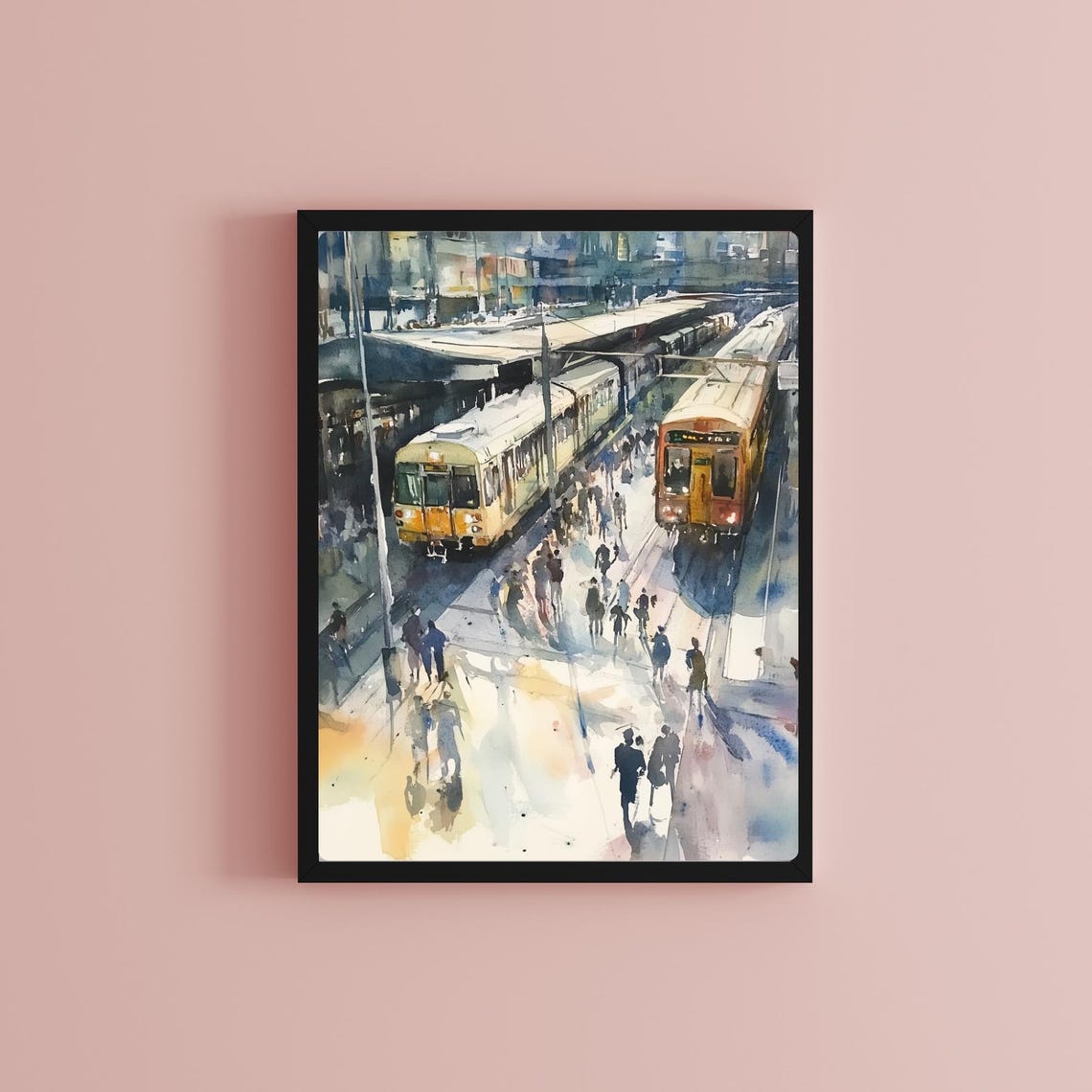 Busy European Train Station Commuter Watercolor Urban Scene Poster - Image 2