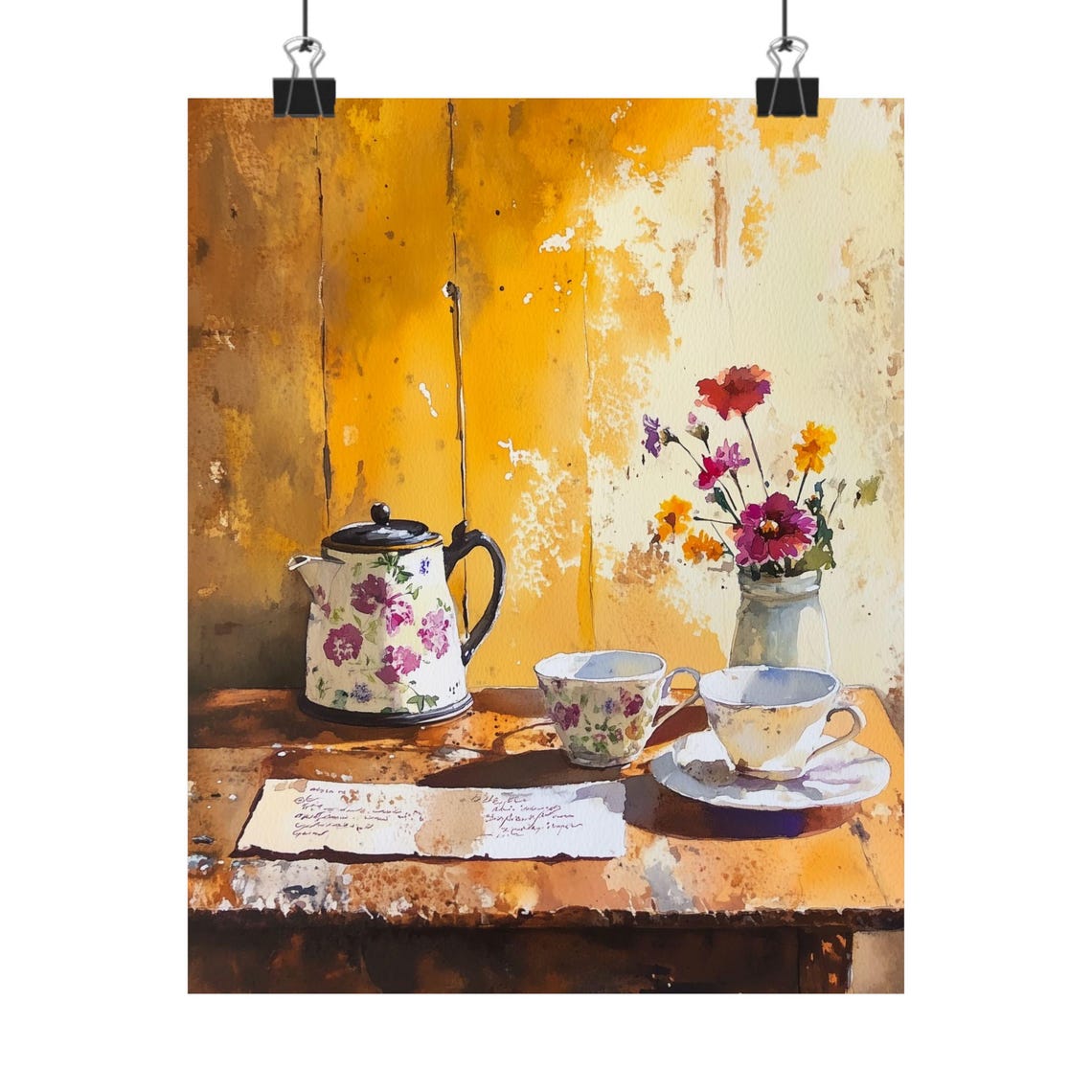 Vintage Floral Teapot and Teacups Still Life on Wood Table Print