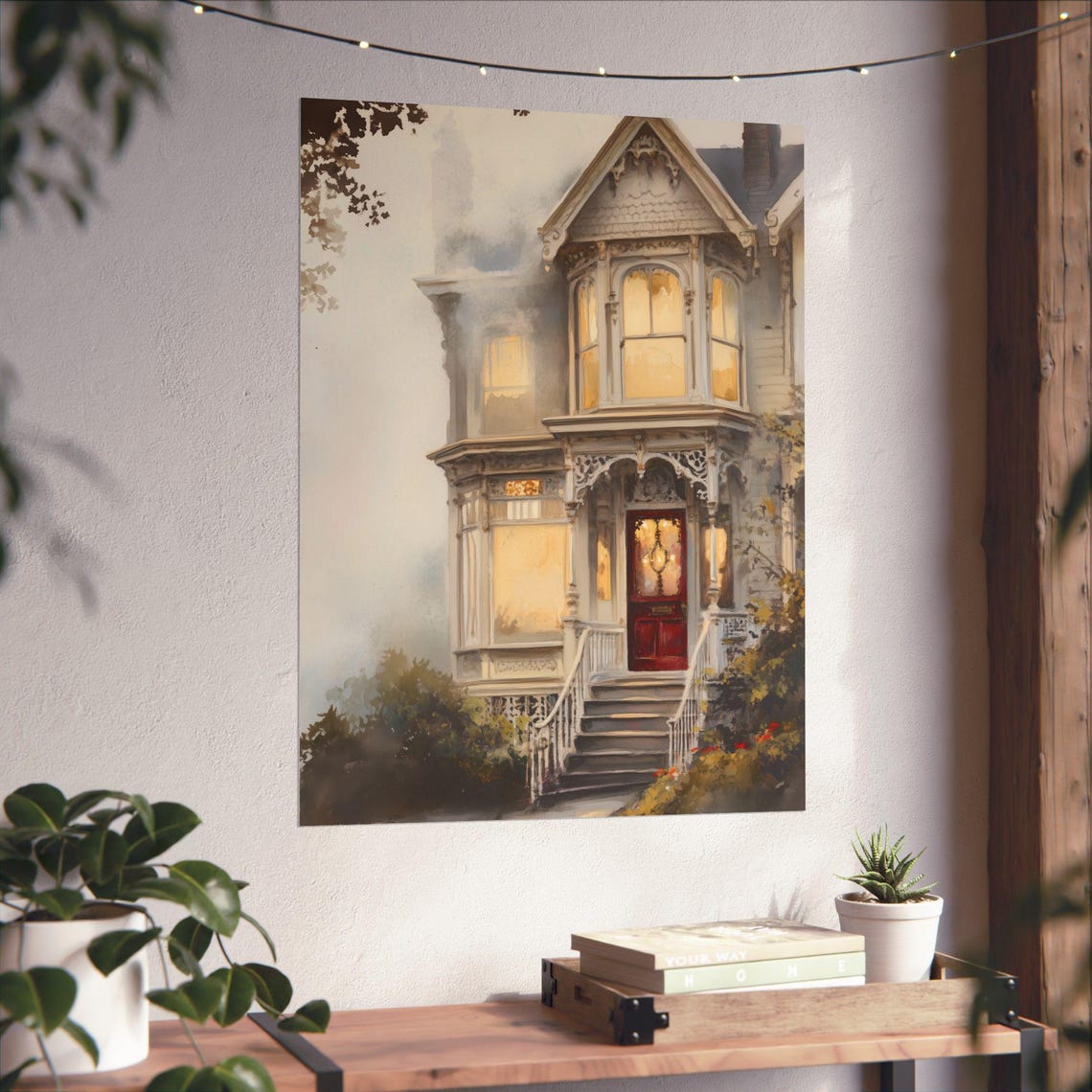 Victorian House in Fog Red Door Glowing Windows Watercolor Poster - Image 6