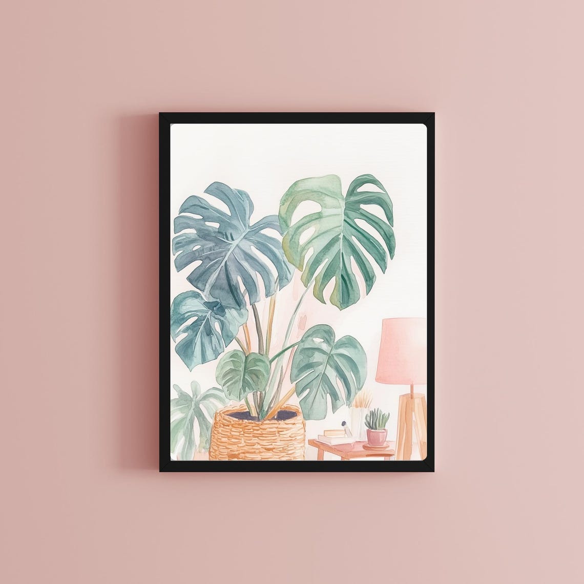 Blush Watercolor Monstera Plant in a Woven Wicker Basket Print - Image 2