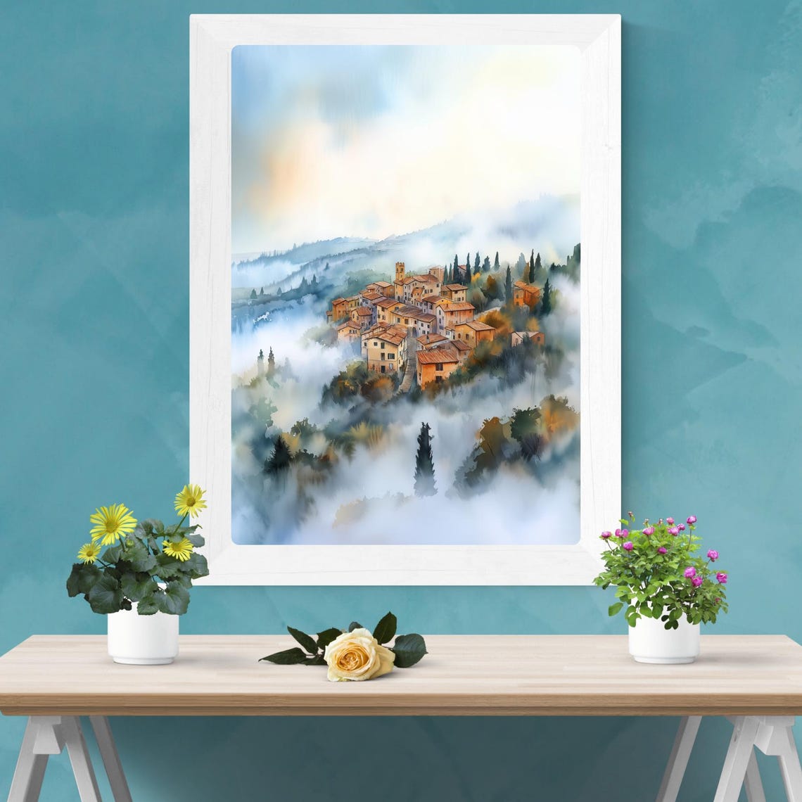 Foggy Italian Hill Town Misty Morning Village Watercolor Poster - Image 2