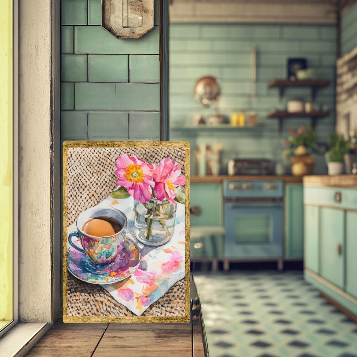 Floral Teacup Pink Cosmos Flowers Bright Watercolor Breakfast Poster - Image 2