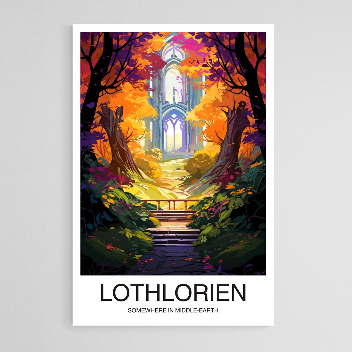 Lothlorien Middle Earth Elven Golden Forest Fantasy Travel Art Poster
