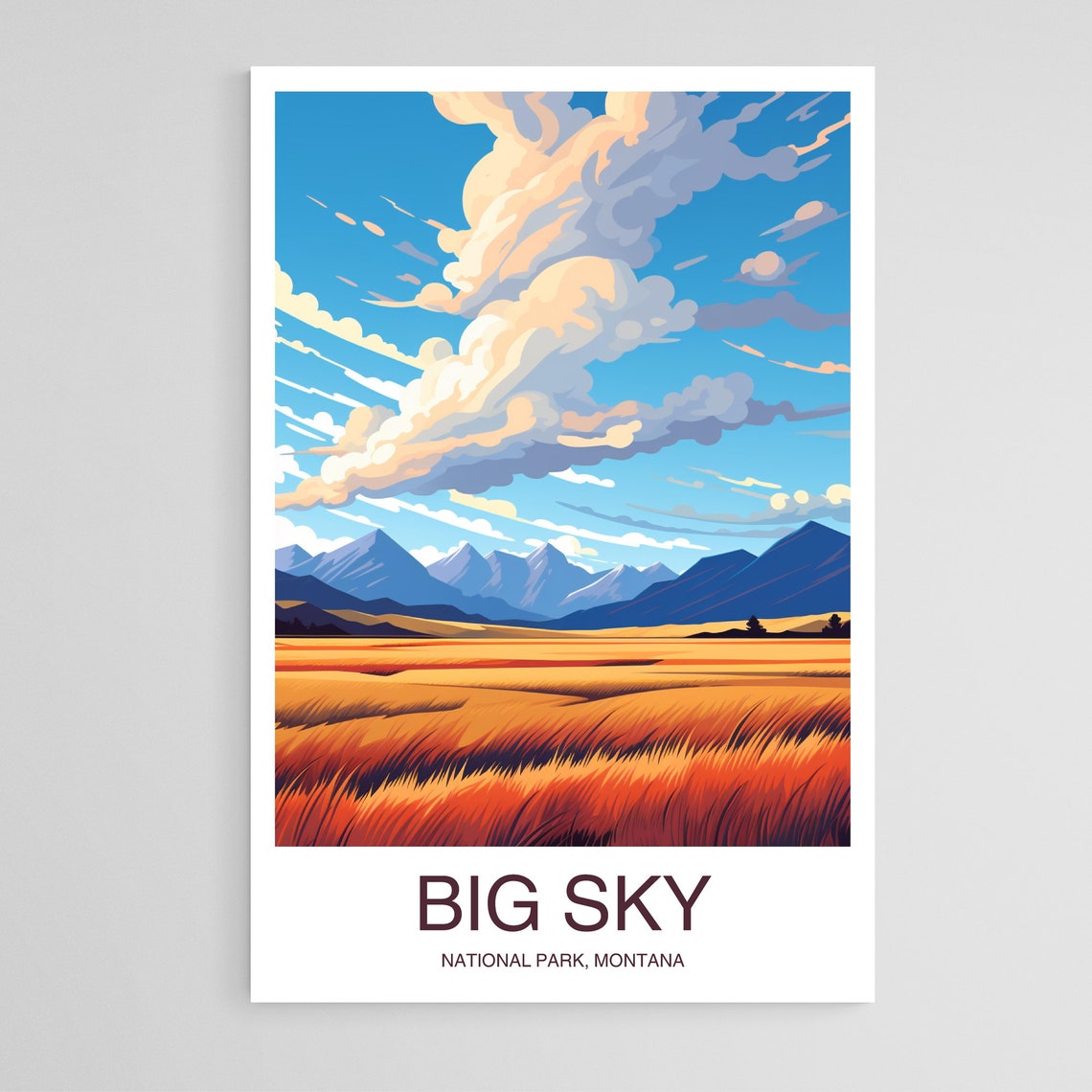 Big Sky Montana Golden Prairie Mountain Clouds Travel Poster