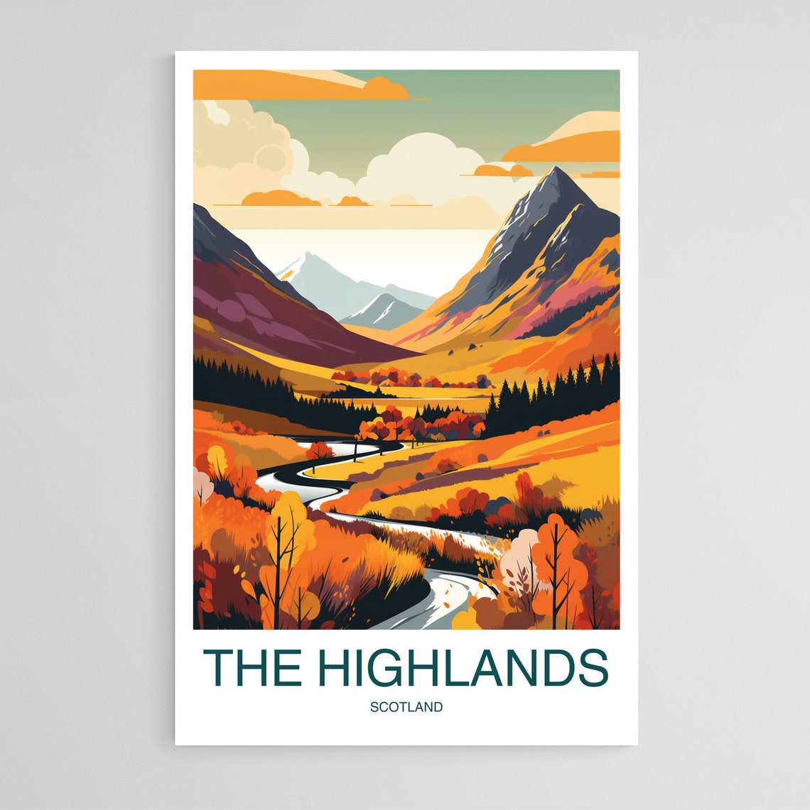 The Highlands Scotland Autumn Valley River Landscape Travel Poster