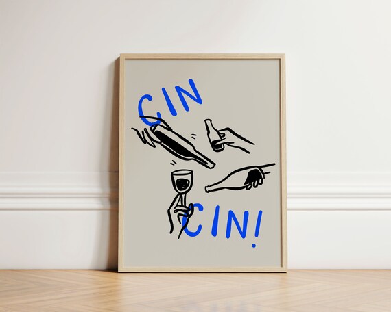 Cin Cin Cheers Wine Bottles Ink Sketch Blue Retro Kitchen Poster