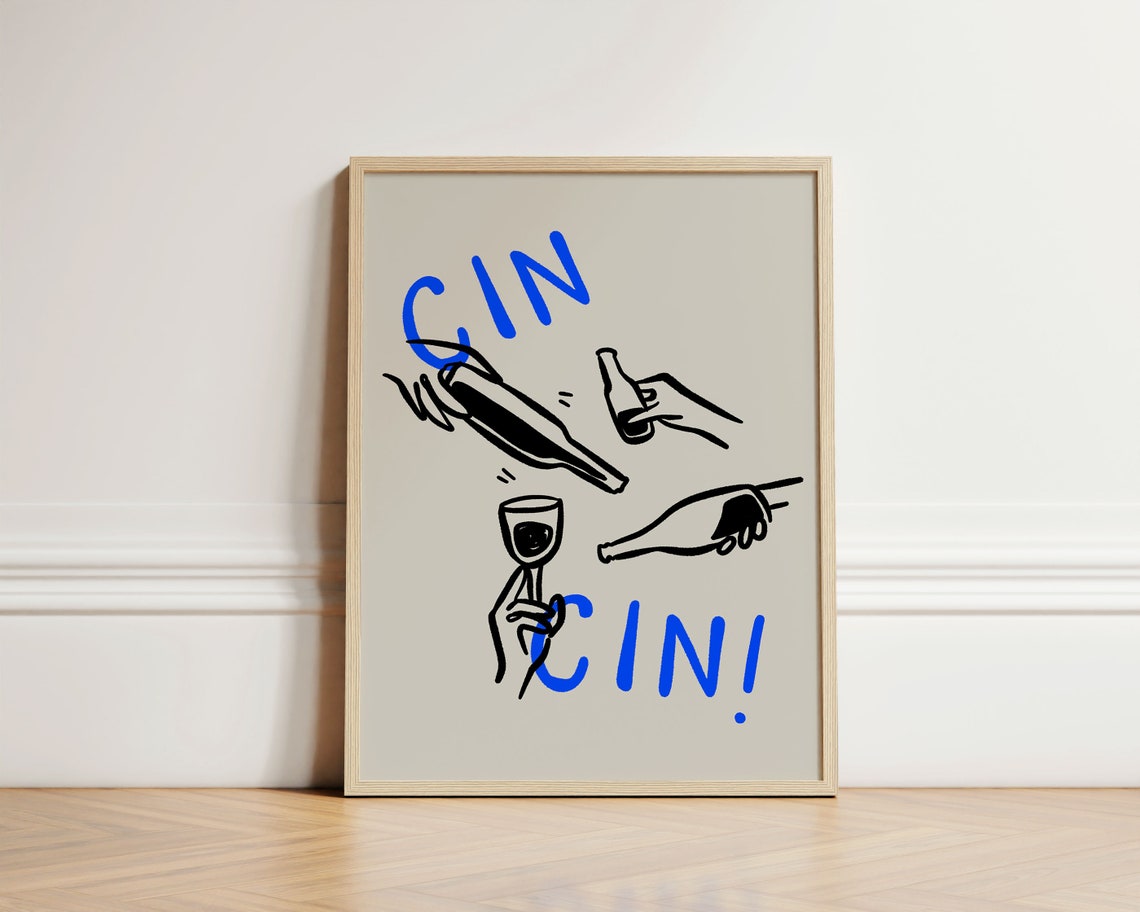 Cin Cin Cheers Wine Bottles Ink Sketch Blue Retro Kitchen Poster