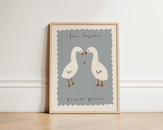 Twin Ducks Nursery Print, Twins Illustration Art Print