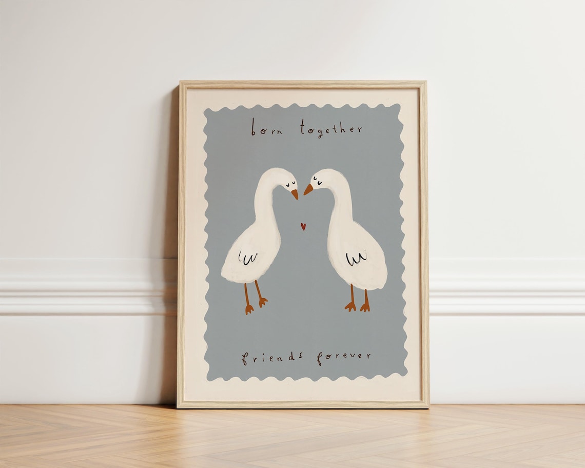 Twin Ducks Nursery Print, Twins Illustration Art Print
