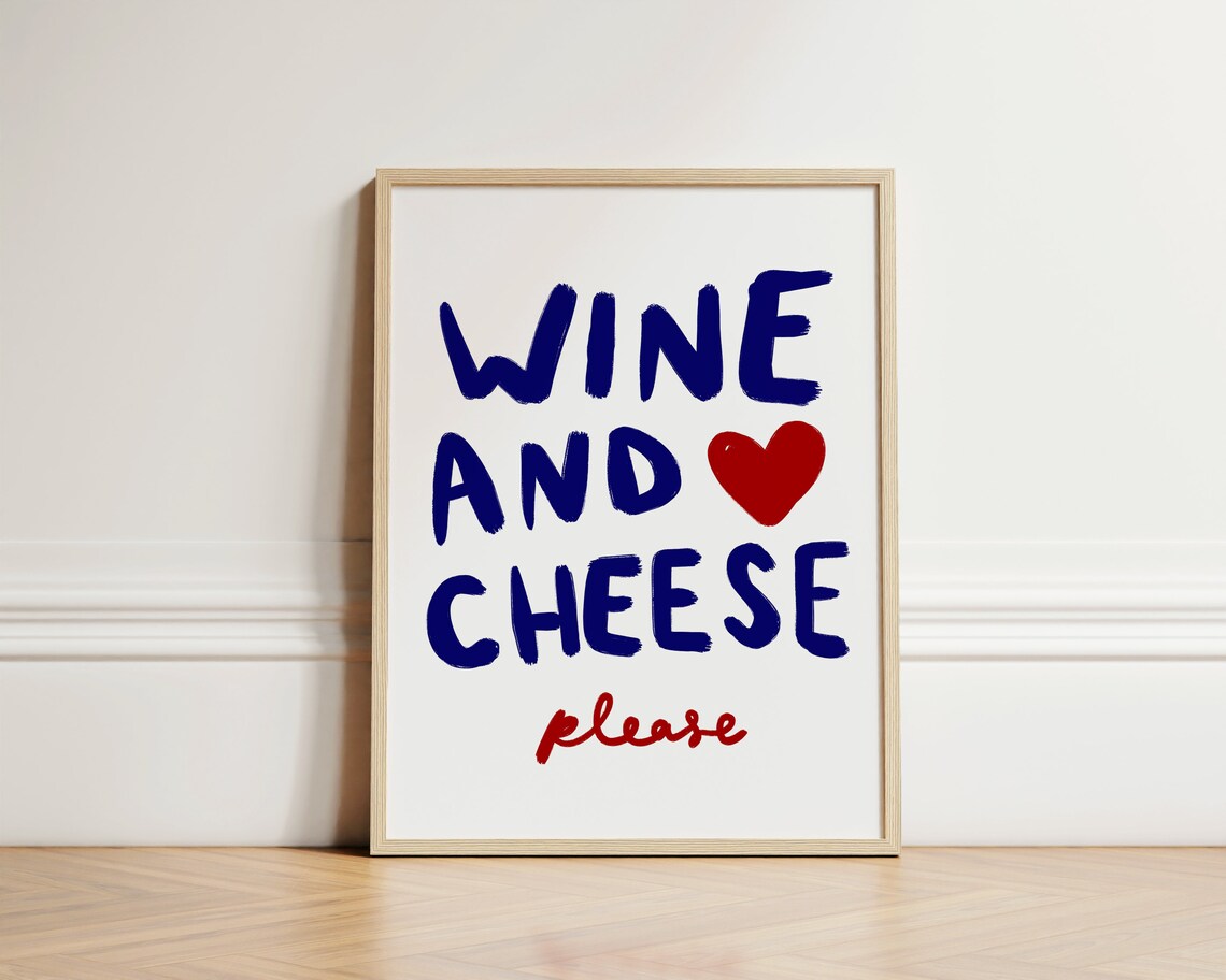Wine And Cheese Please Print Kitchen Wall Art Abstract Bon Appetit Poster Dining Room Unframed