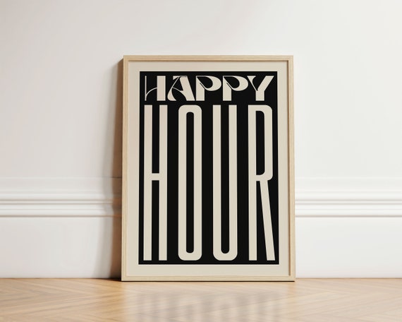 Happy Hour Quote Art Poster, Retro Kitchen Decor
