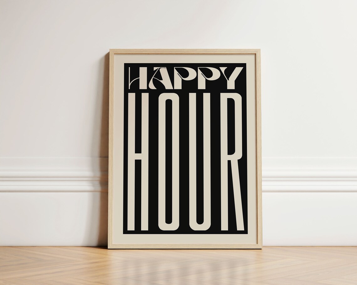 Happy Hour Quote Art Poster, Retro Kitchen Decor