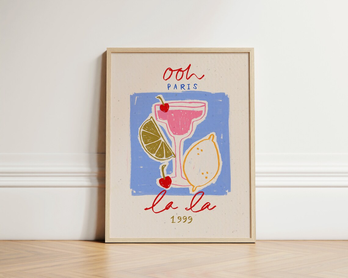 Ooh La La Paris 1999 Pink Cocktail Retro French Kitchen Poster