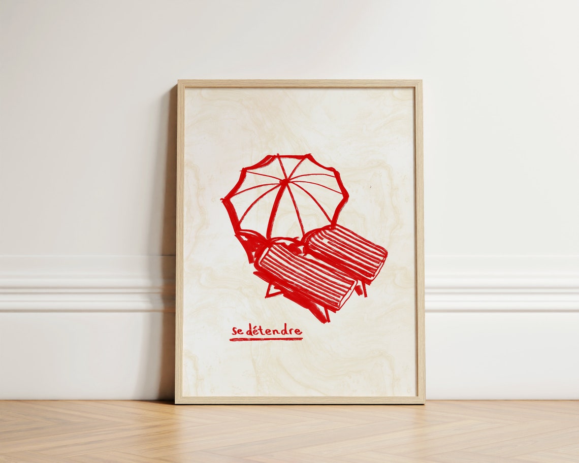 Se Detendre Red Beach Umbrella Line Art Summer Relaxing Poster