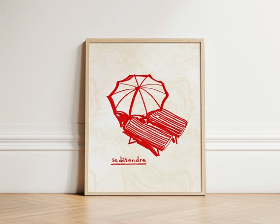 Se Detendre Red Beach Umbrella Line Art Summer Relaxing Poster