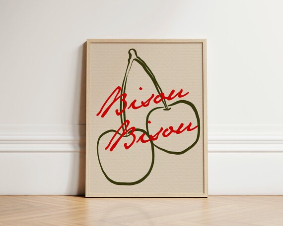 Bisou Bisou French Cherry Line Art Retro Parisian Kitchen Poster