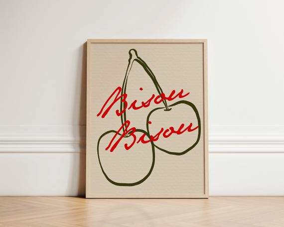 Cherries Print French Retro Vintage Poster Cherry Fruit Wall Art Typography Unframed
