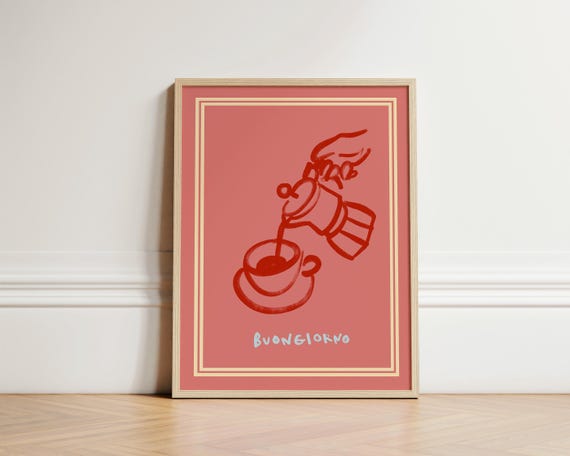 Buongiorno Print Coffee Pink Kitchen Retro Poster Colourful Hand Drawn Art Unframed