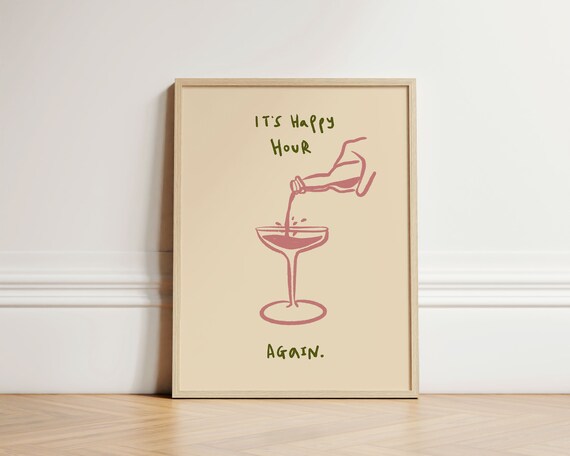 Happy Hour Print Abstract Poster Retro Kitchen Wall Decor Bar Home Unframed